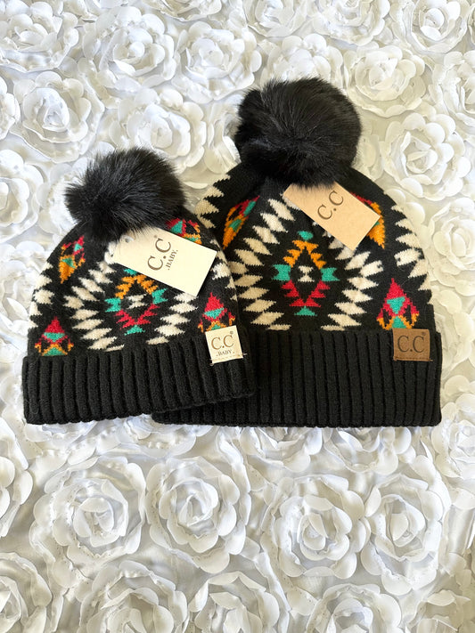 Mommy and Me Baby Hat Set (Aztec/Pom-Pom)