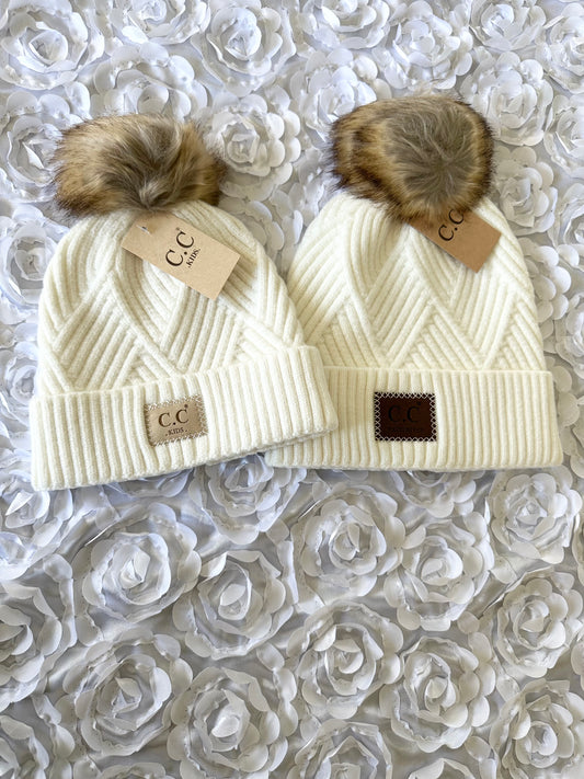 Mommy and Me Hat Set (Cream/Pom-Pom)